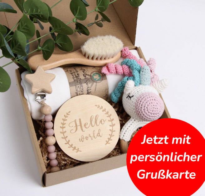 KidzzCamp Baby-Geschenkbox 5-teilig mit Musselin-Pucktuch 120 x 120 cm mit individueller Grußkarte und schnellem Versand
