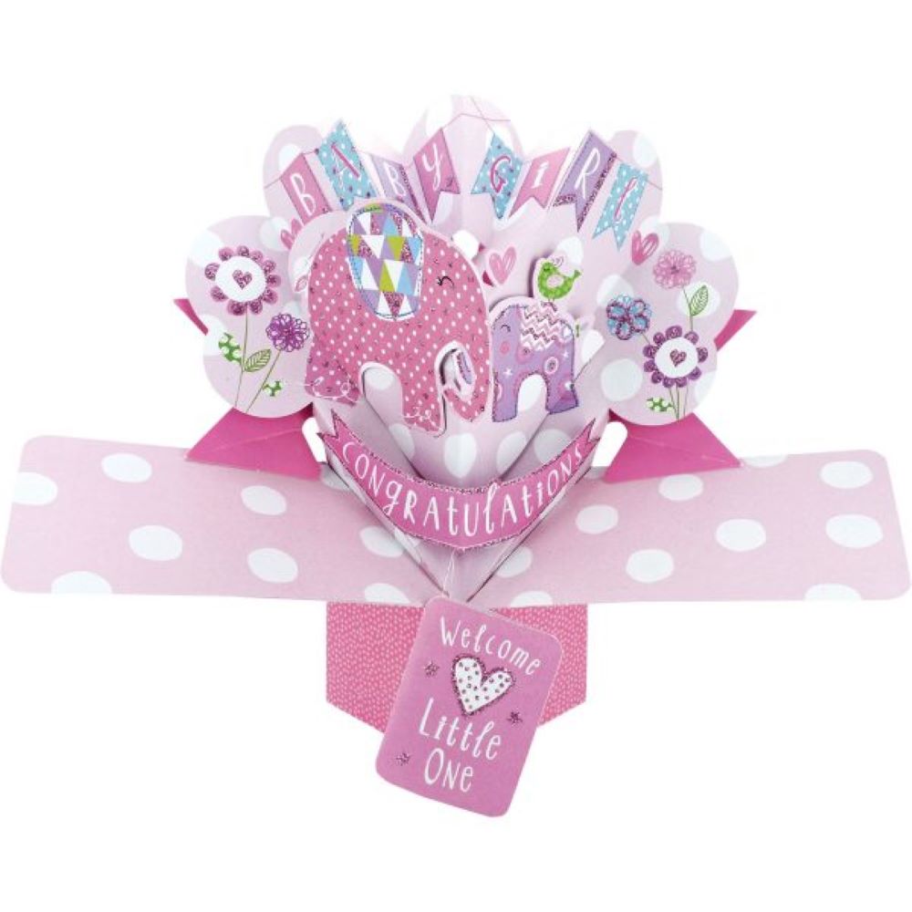 Grußkarte PopUp "Baby Girl" Elefanten Babyparty Dekoration für Mädchen