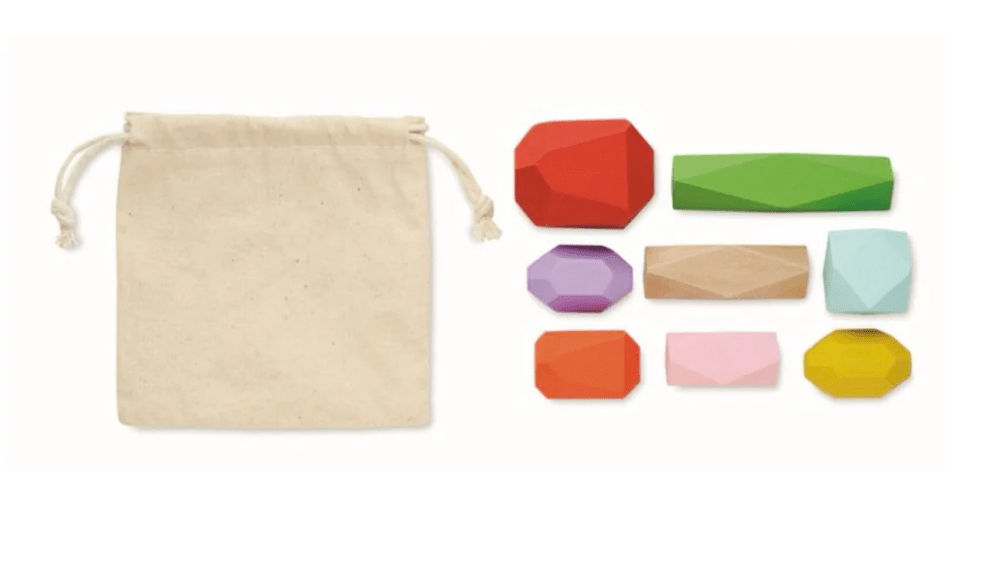 Flowfull® Holzsteine Schatzsuche SET – 8 bunte Spielsteine im Baumwollbeutel