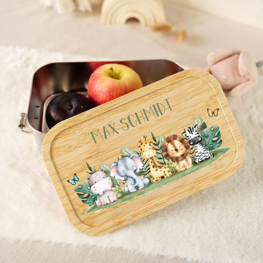 Brotdose mit Deckel für Kinder mit UV-Druck im "Tiergruppe Safari" Design