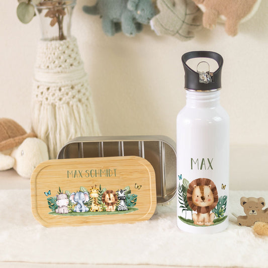 Bedruckte Brotdose & Trinkflasche im Set - Tiergruppe