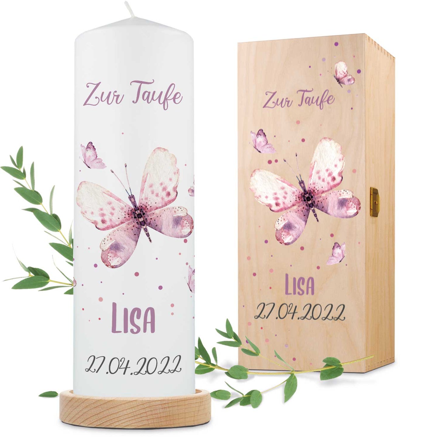 Große Kerze "Schmetterling V2" - Taufkerze mit Namen, Datum & Taufspruch