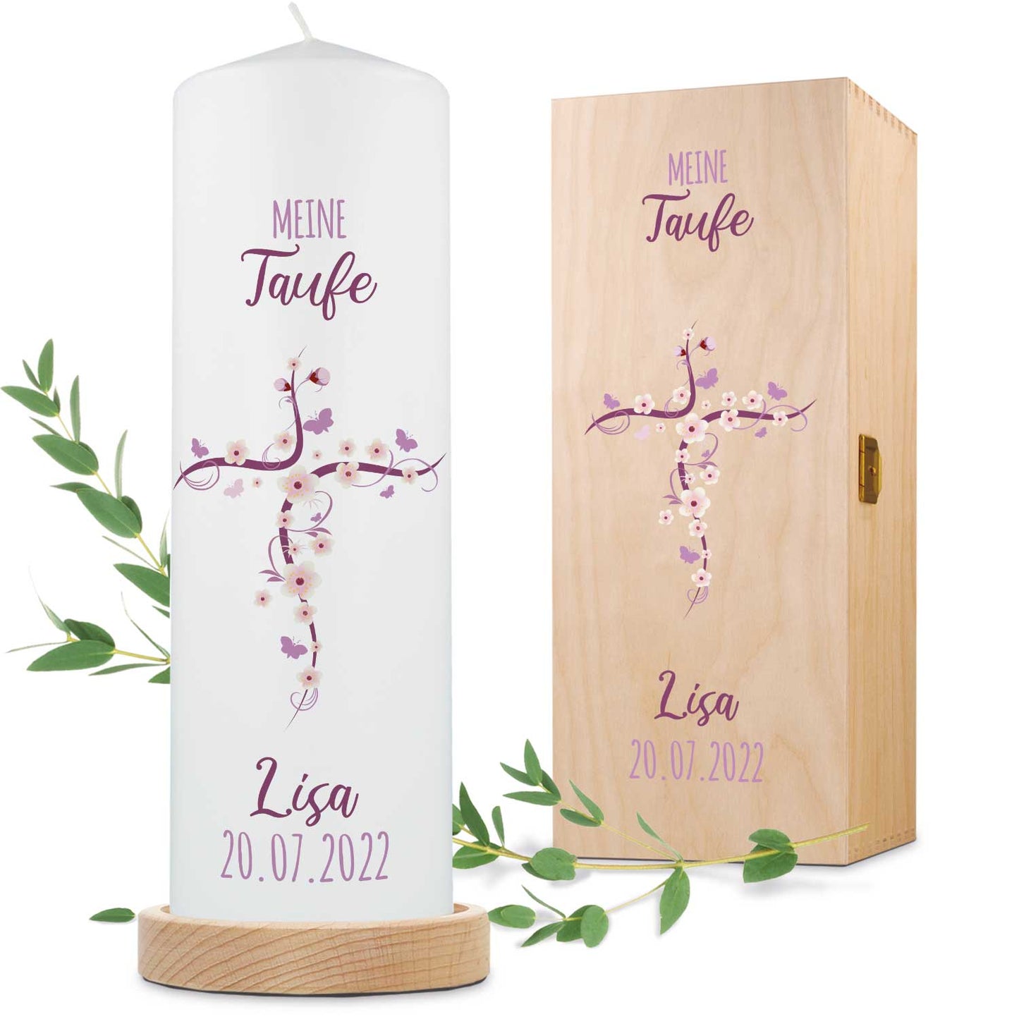 Große Kerze "Blumenkreuz" - Taufkerze mit Namen & Datum