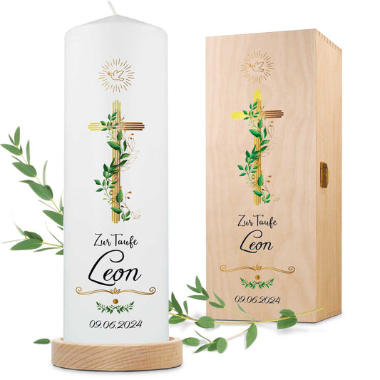 Große Kerze "Goldenes Kreuz" - Taufkerze mit Name, Datum & Wunschtext