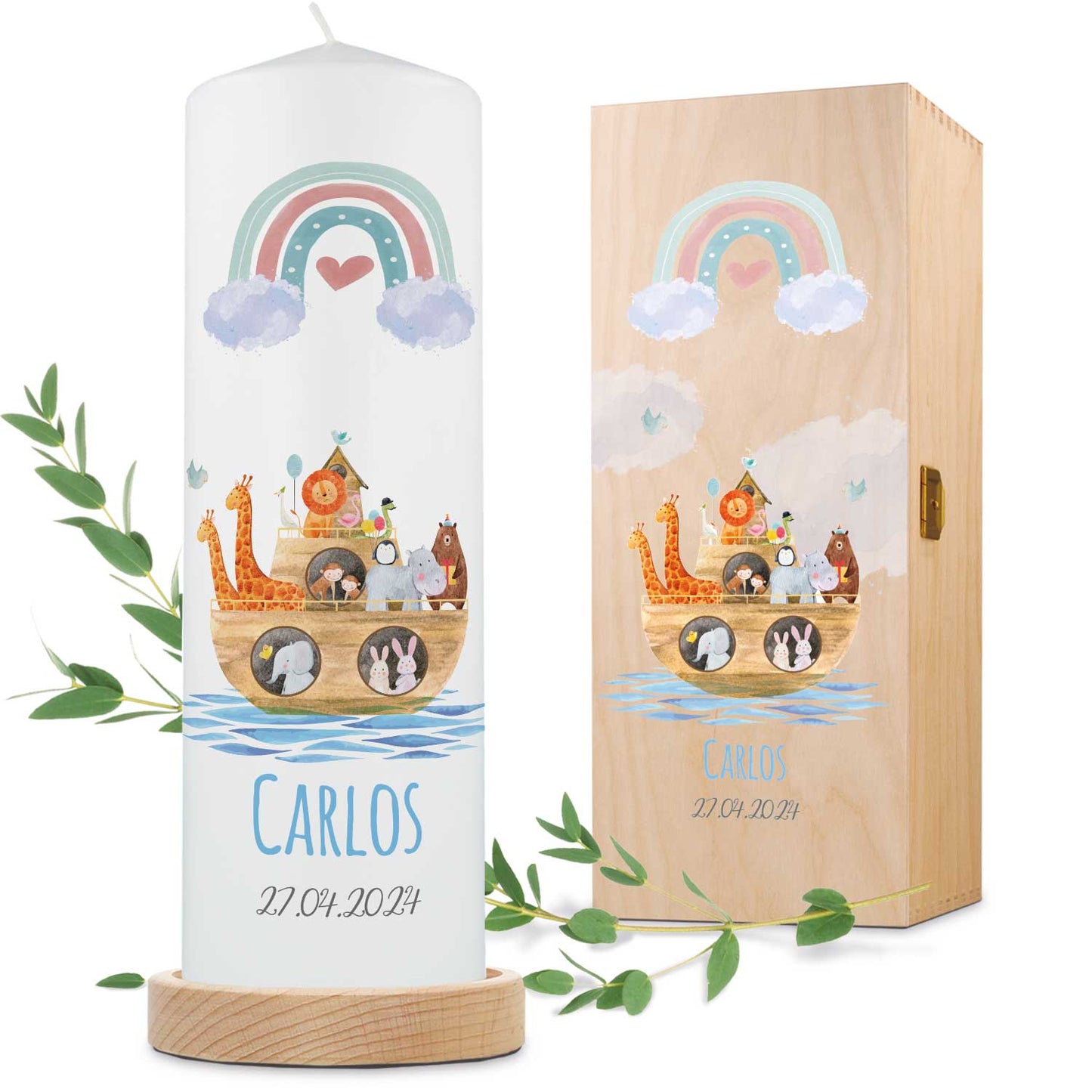 Große Kerze "Arche Regenbogen" - Taufkerze mit Namen, Datum & Wunschtext