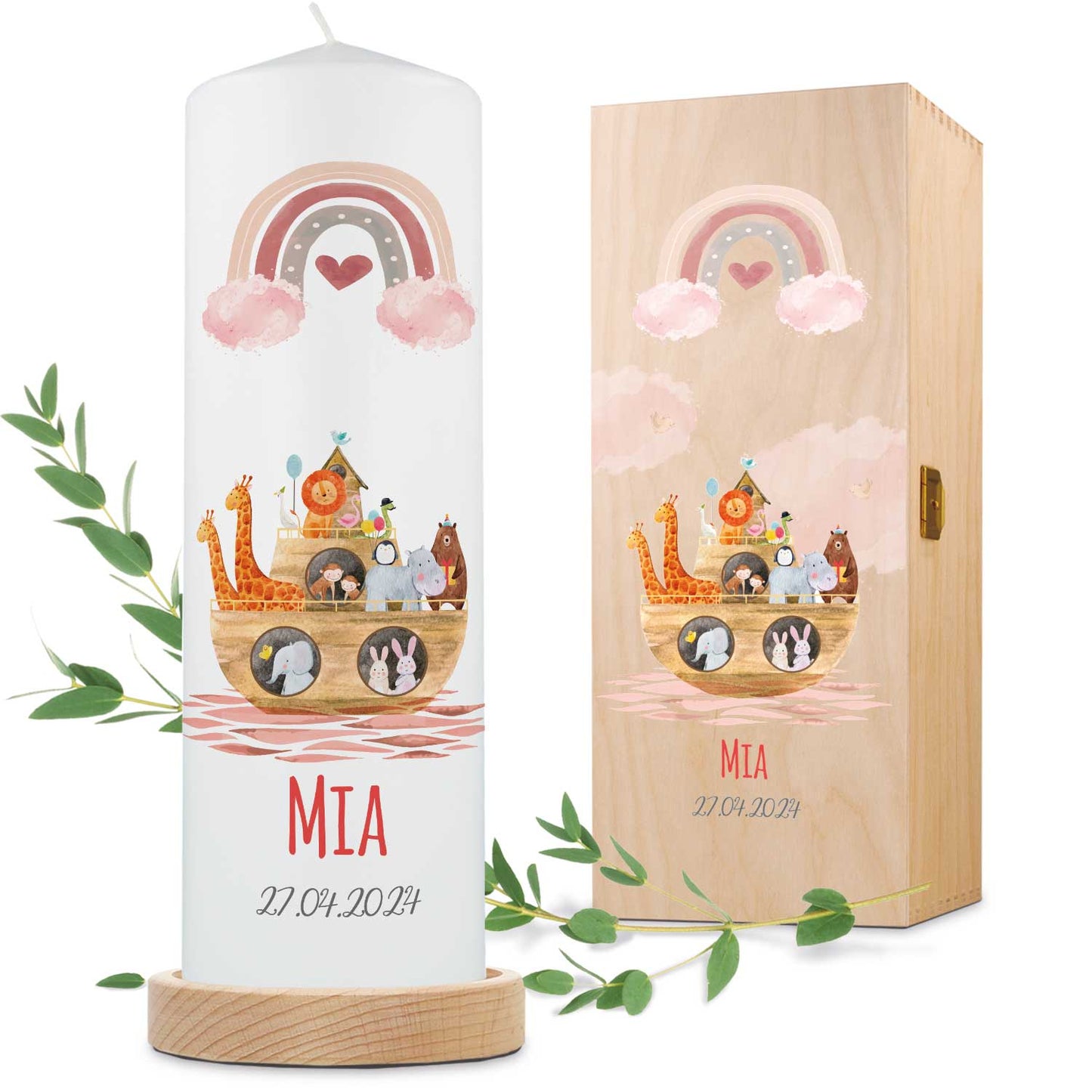 Große Kerze "Arche Regenbogen" - Taufkerze mit Namen, Datum & Wunschtext