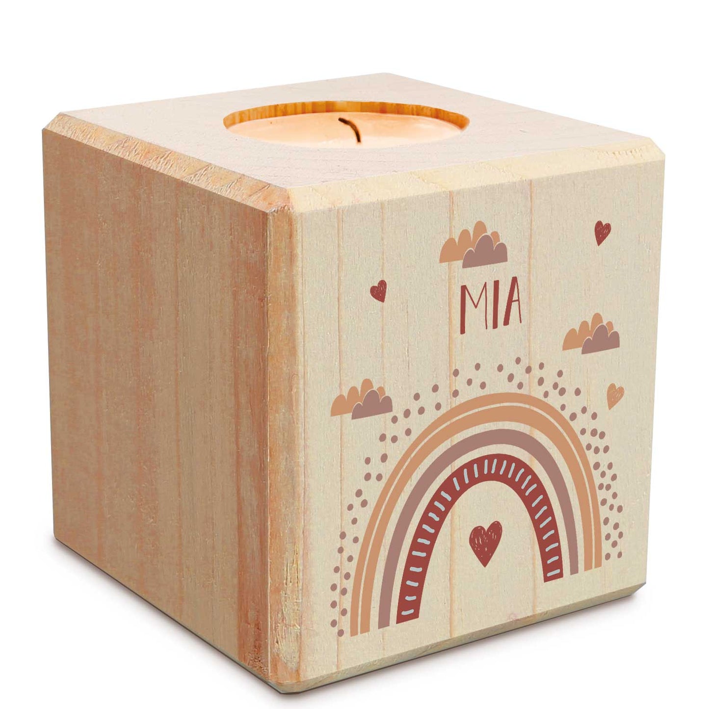 Teelichthalter aus Holz mit UV Druck - Regenbogen Design - Personalisiert mit Namen