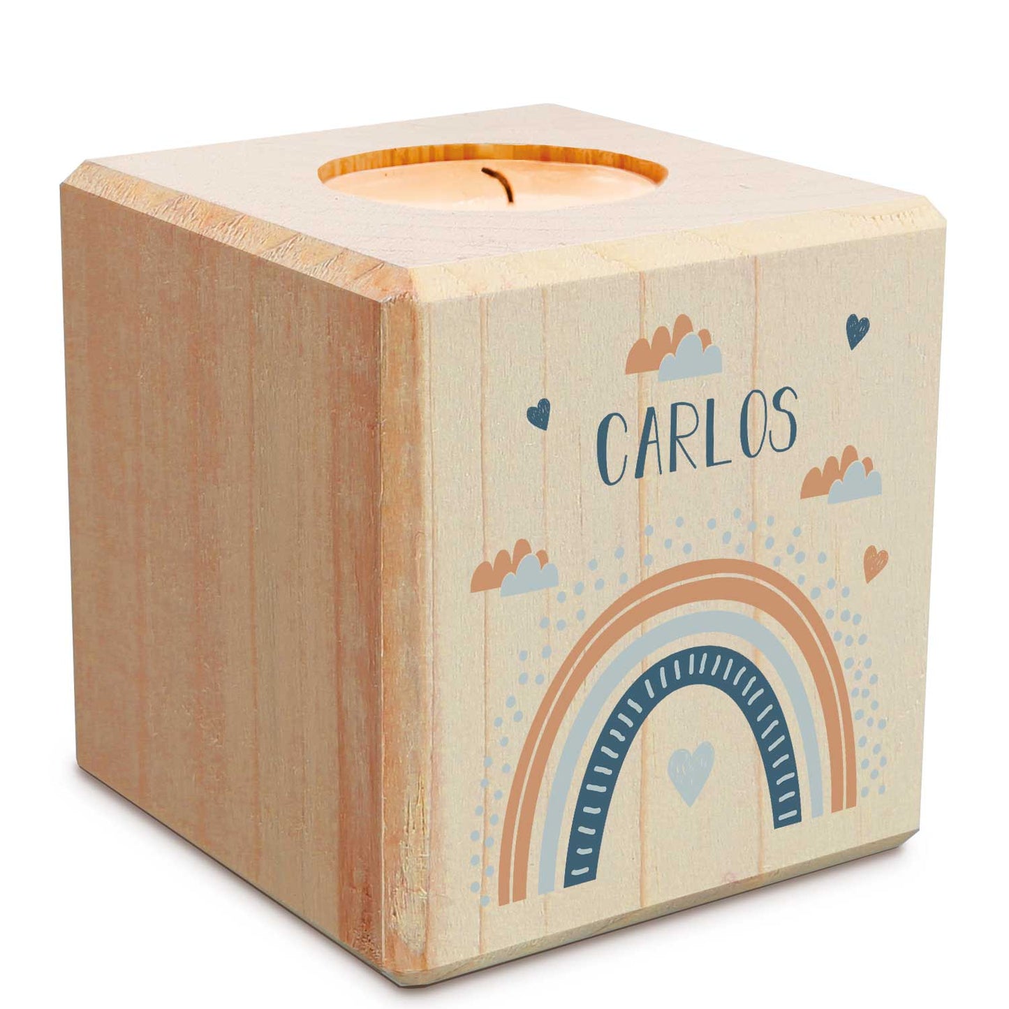 Teelichthalter aus Holz mit UV Druck - Regenbogen Design - Personalisiert mit Namen