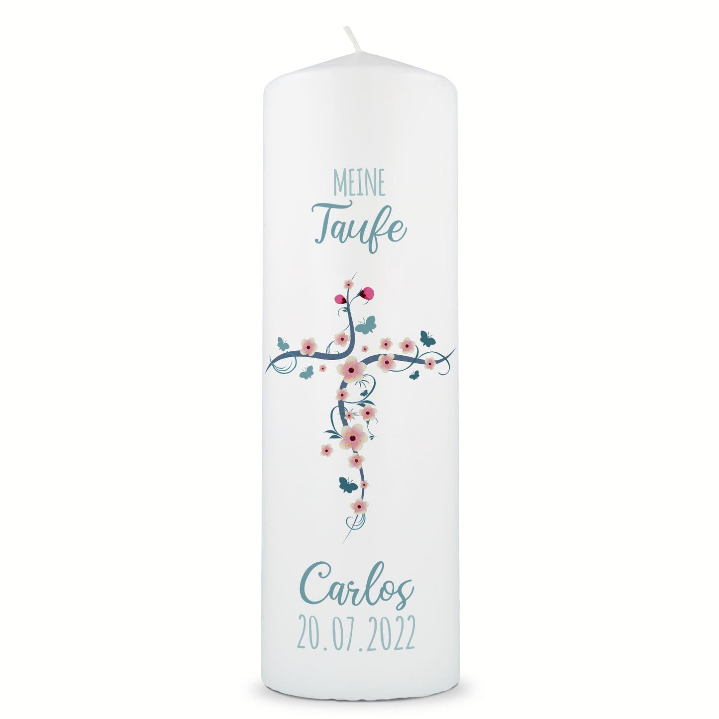 Große Kerze "Blumenkreuz" - Taufkerze mit Namen & Datum