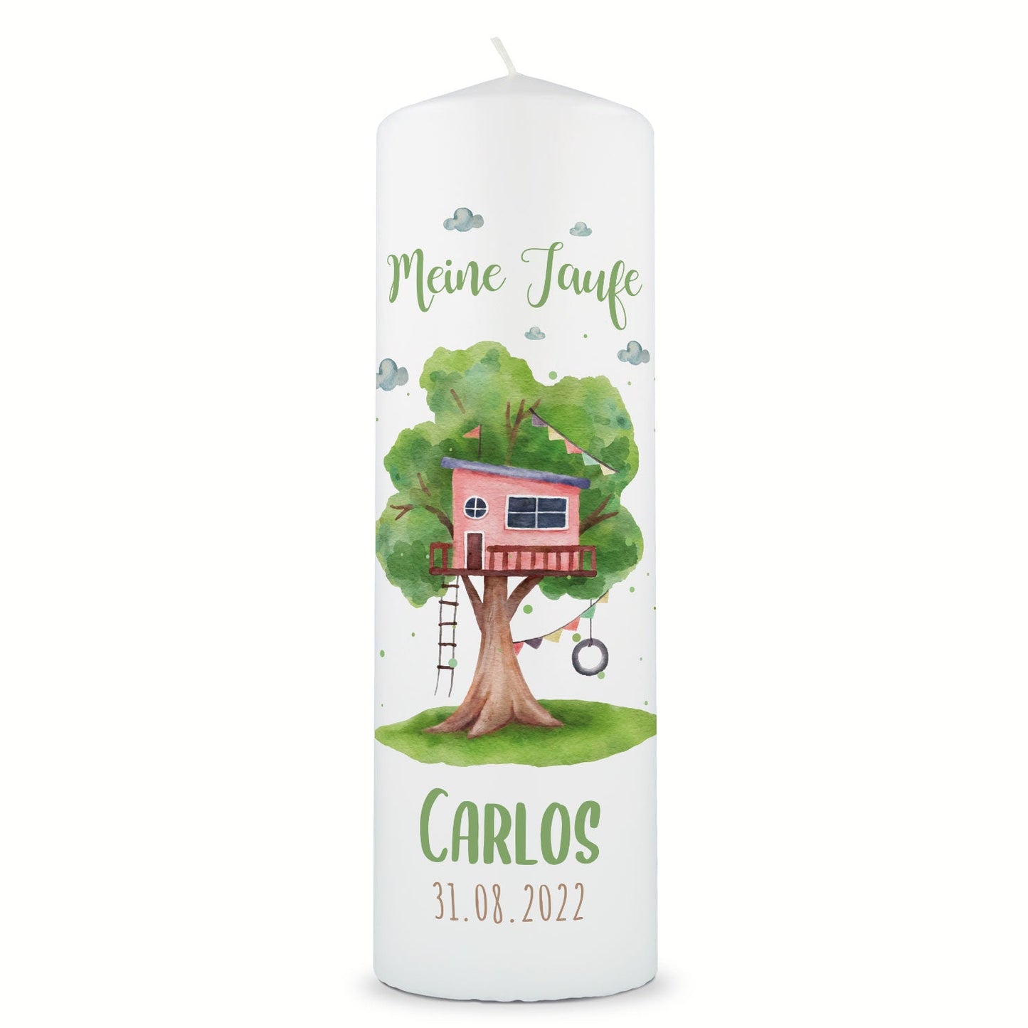 Große Kerze "Baumhaus" - Taufkerze mit Namen, Datum & Wunschtext