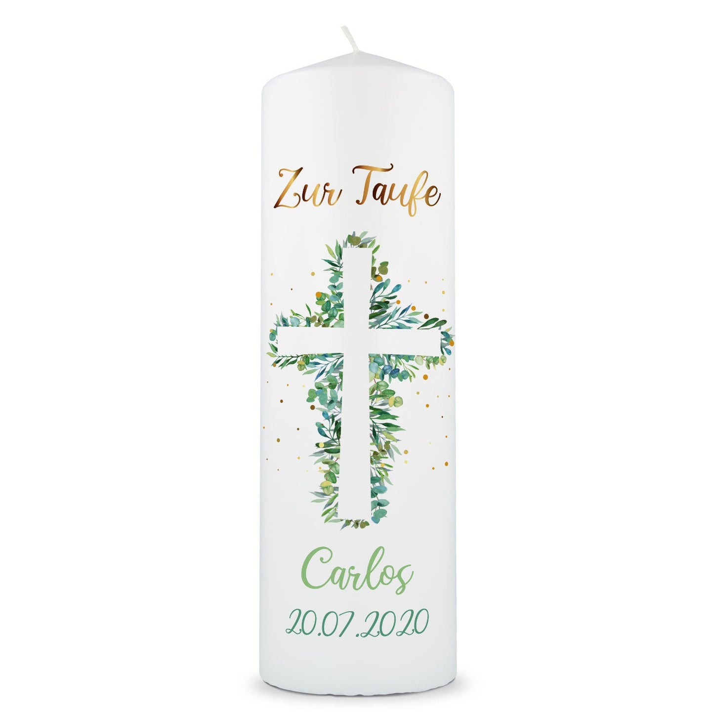 Große Kerze "Eukalyptus Kreuz" - Taufkerze mit Namen, Datum & Taufspruch