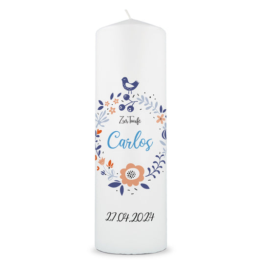 Große Kerze "Vogelkranz" - Taufkerze mit Name, Datum & Wunschtext