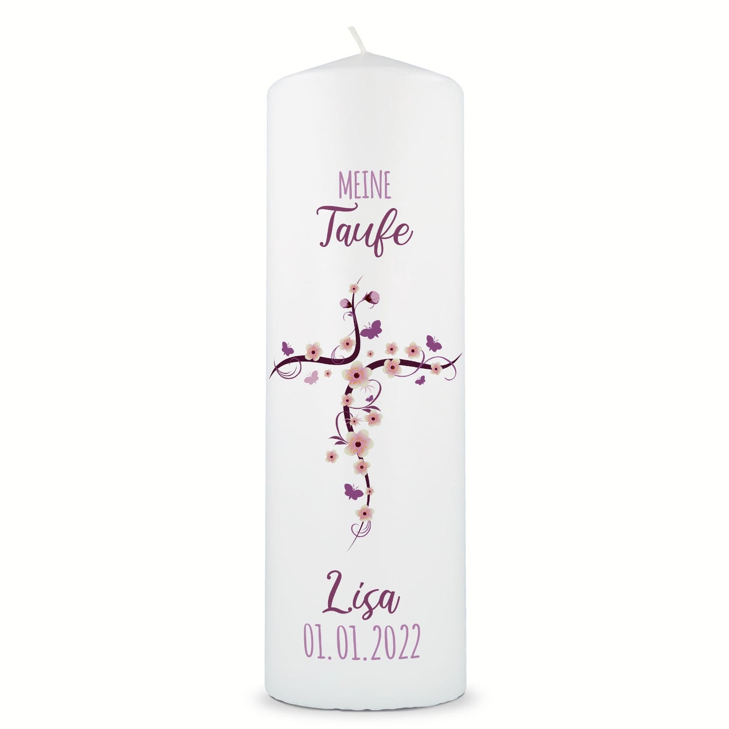 Große Kerze "Blumenkreuz" - Taufkerze mit Namen & Datum