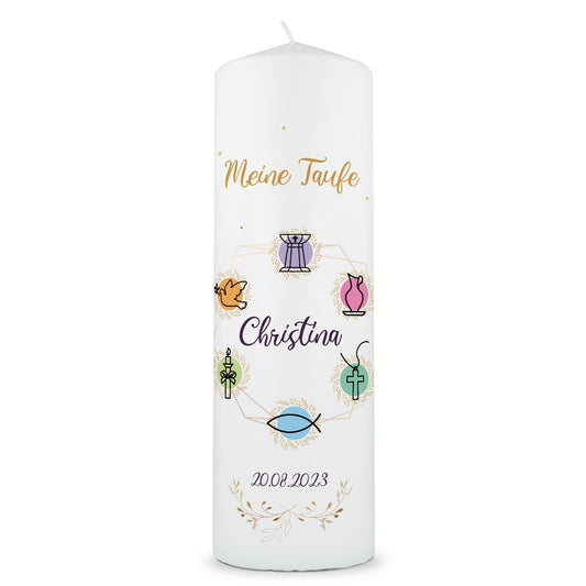 Große Kerze "Christliche Symbole" - Taufkerze mit Namen, Datum & Wunschtext
