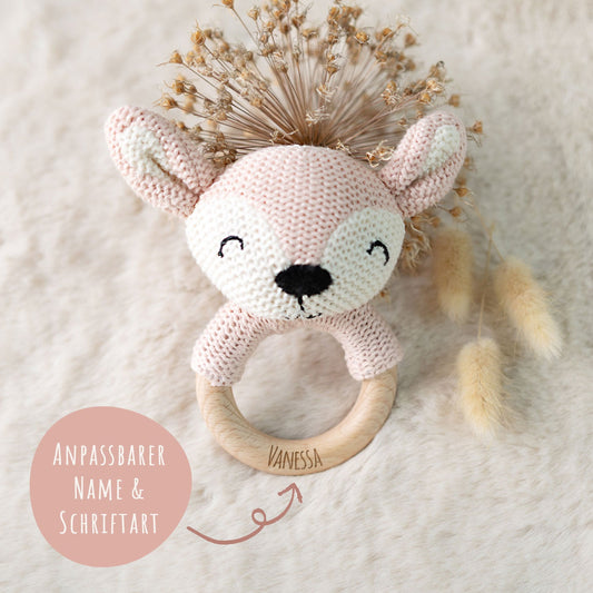 Gravierter Beißring aus Holz mit Stofftier - Tierkopf