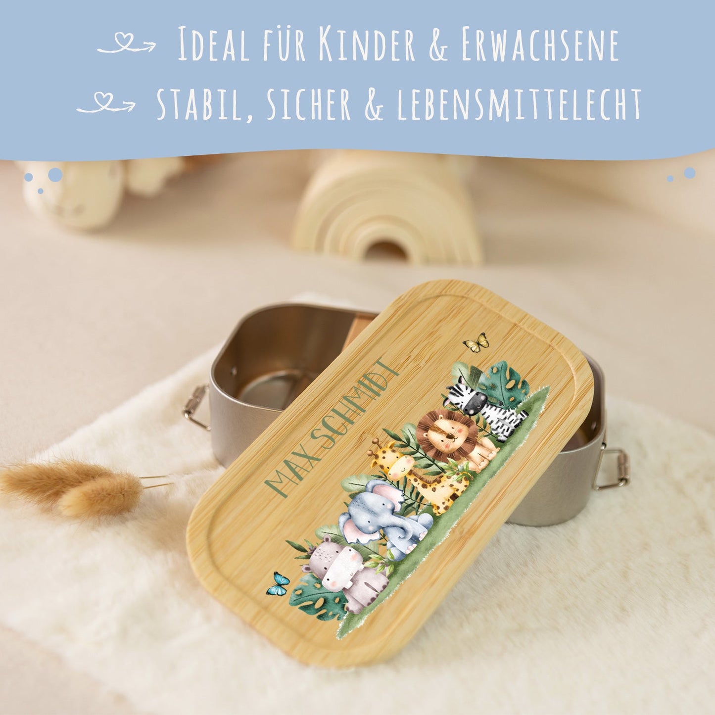 Brotdose mit Deckel für Kinder mit UV-Druck im "Tiergruppe Safari" Design