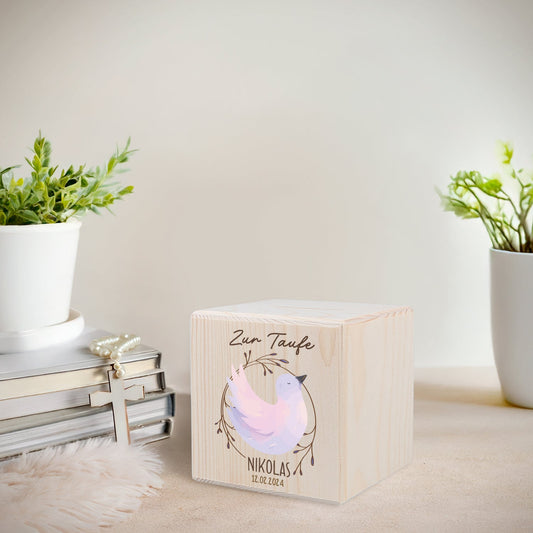 Spardose aus Holz - Taube zur Taufe