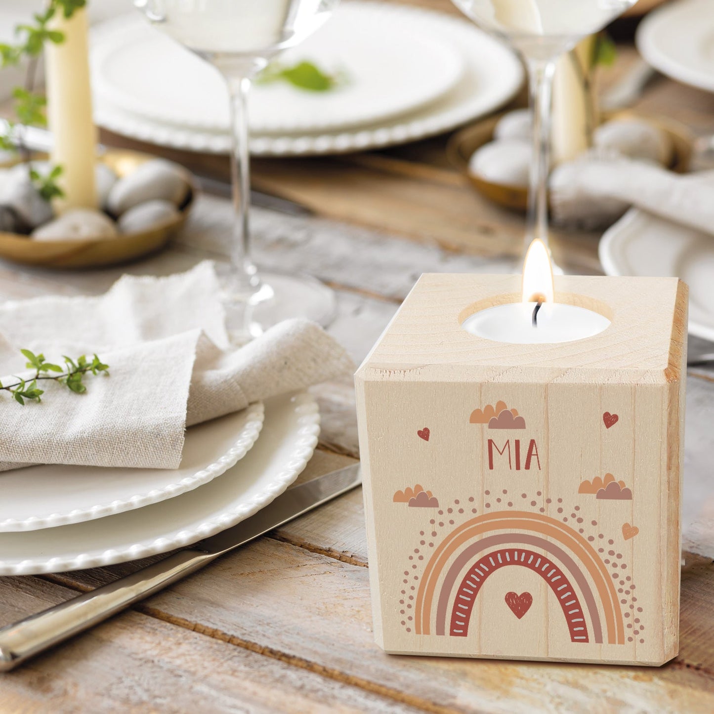 Teelichthalter aus Holz mit UV Druck - Regenbogen Design - Personalisiert mit Namen
