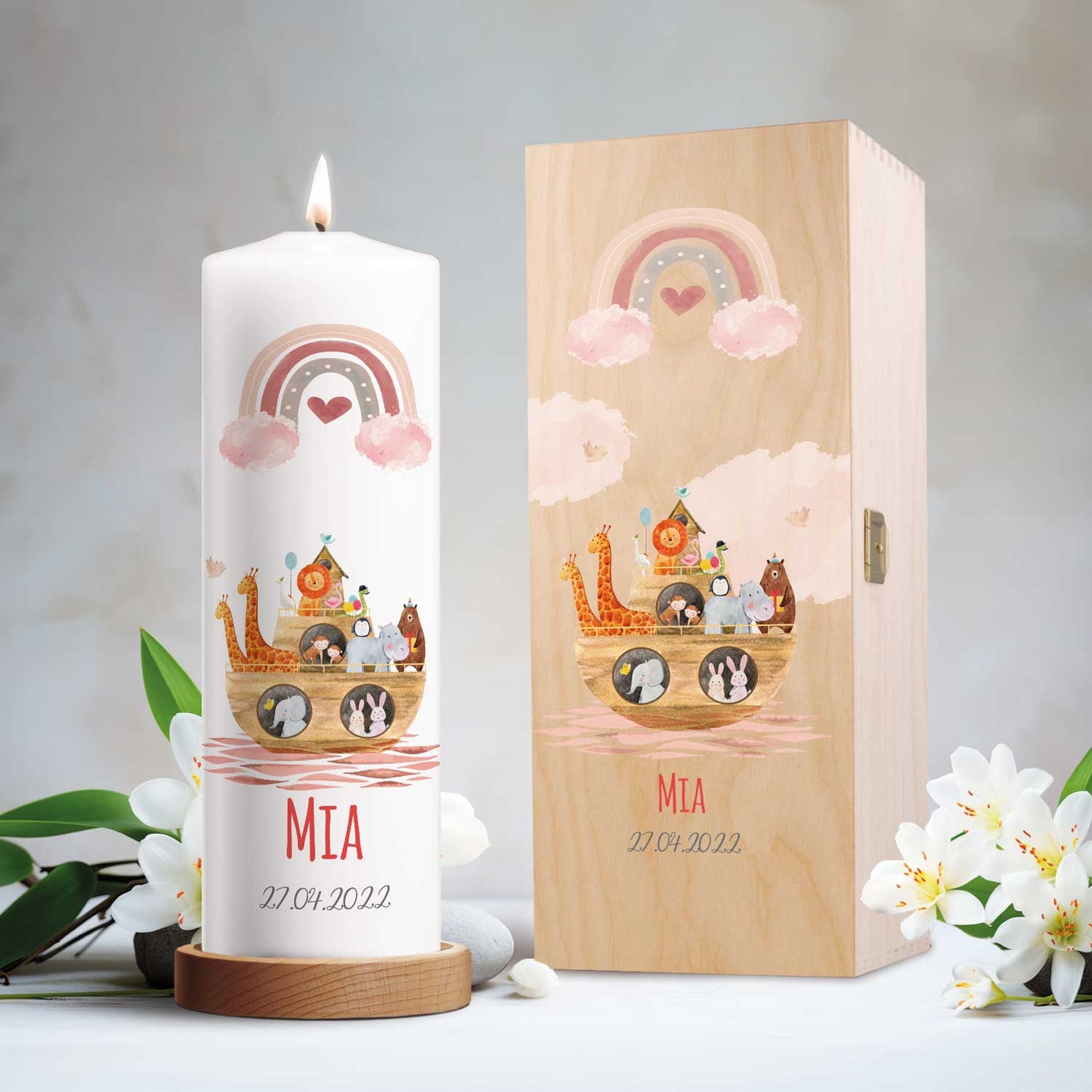 Große Kerze "Arche Regenbogen" - Taufkerze mit Namen, Datum & Wunschtext