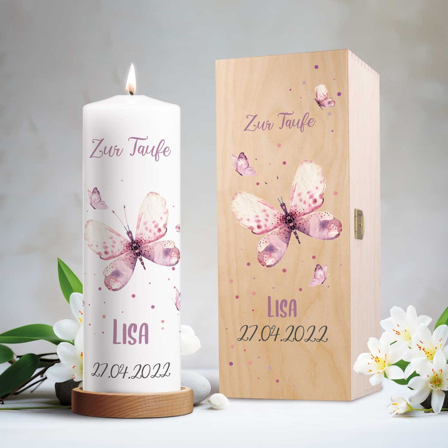 Große Kerze "Schmetterling V2" - Taufkerze mit Namen, Datum & Taufspruch