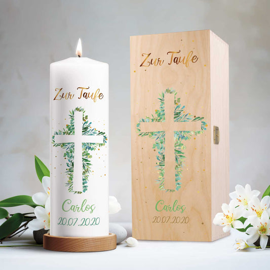 Große Kerze "Eukalyptus Kreuz" - Taufkerze mit Namen, Datum & Taufspruch