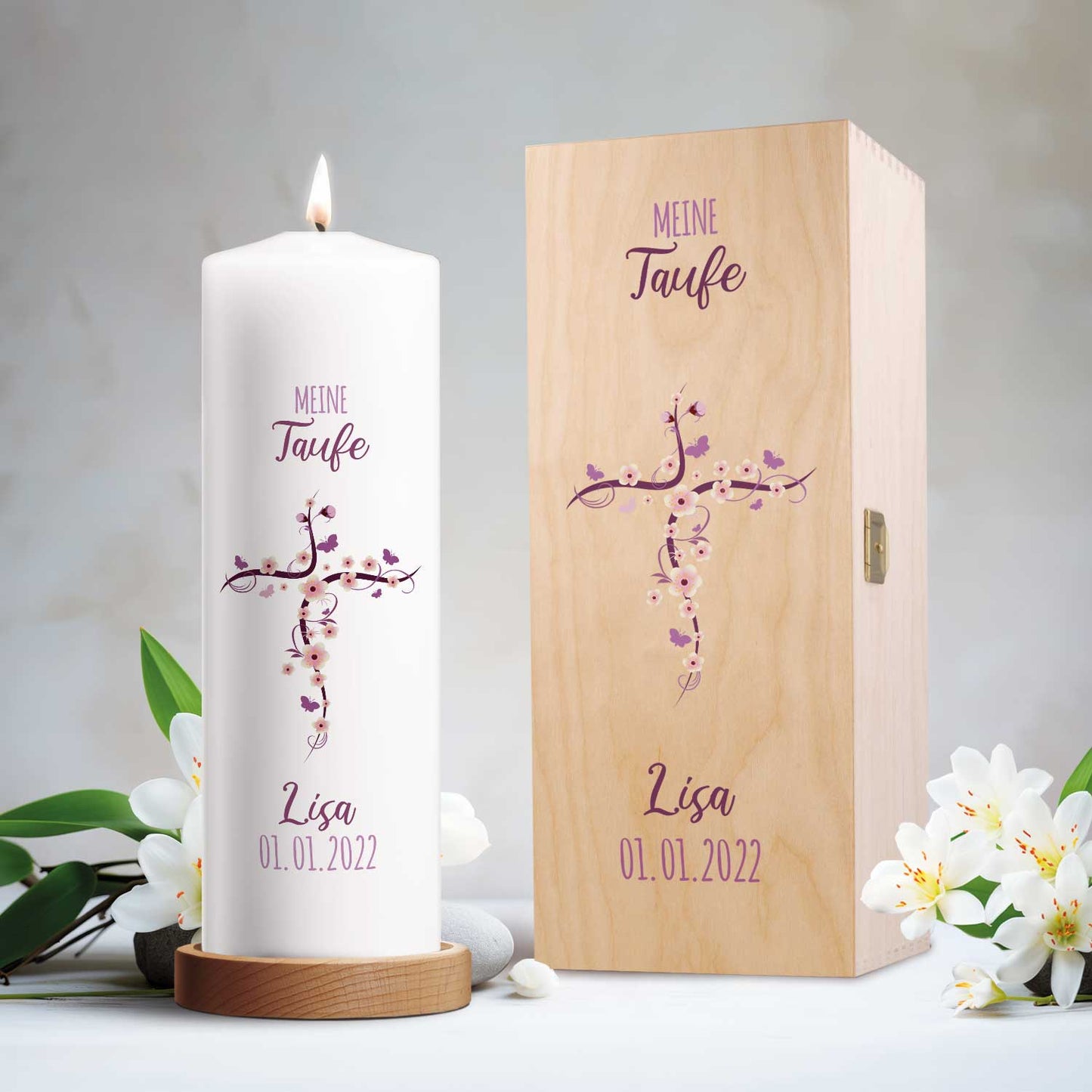 Große Kerze "Blumenkreuz" - Taufkerze mit Namen & Datum