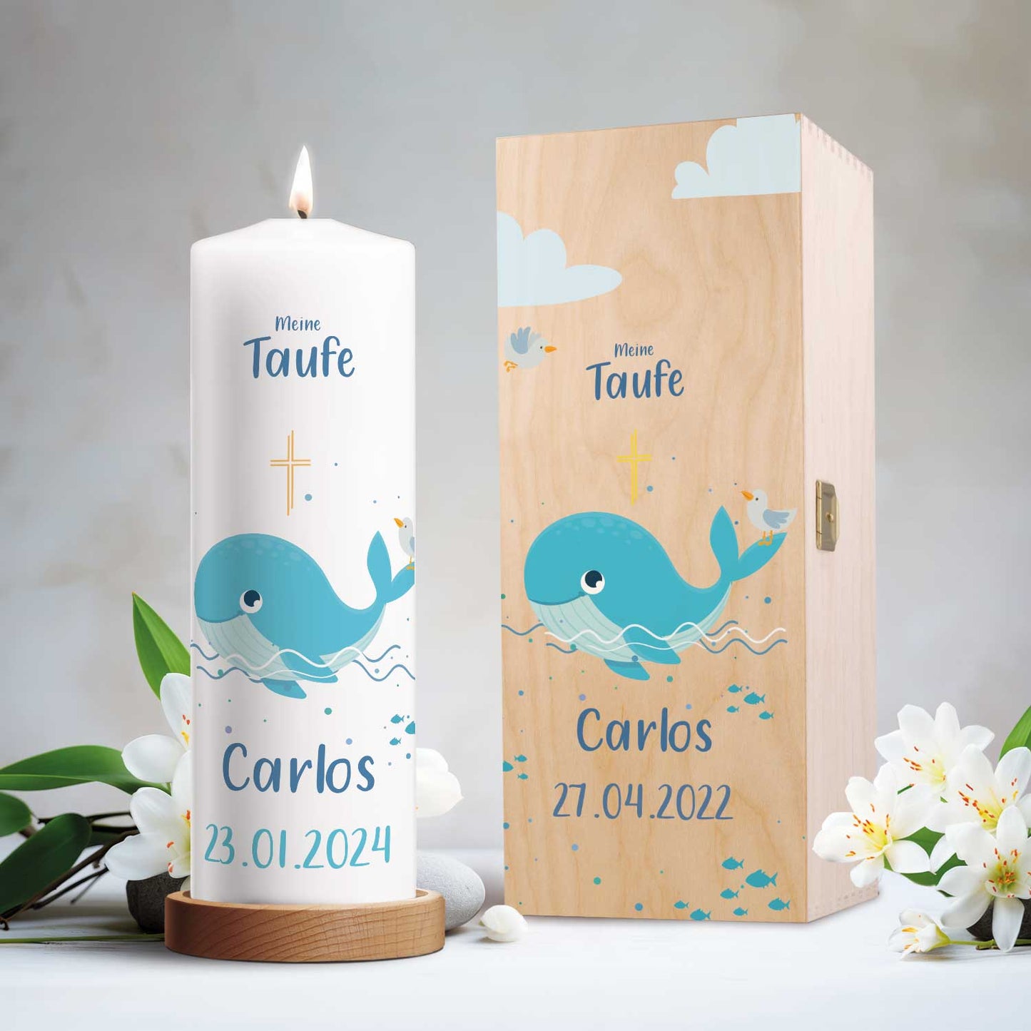 Große Kerze "Wal" - Taufkerze mit Namen, Datum & Taufspruch