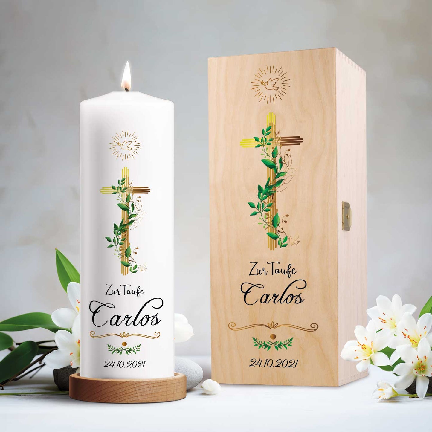 Große Kerze "Goldenes Kreuz" - Taufkerze mit Name, Datum & Wunschtext