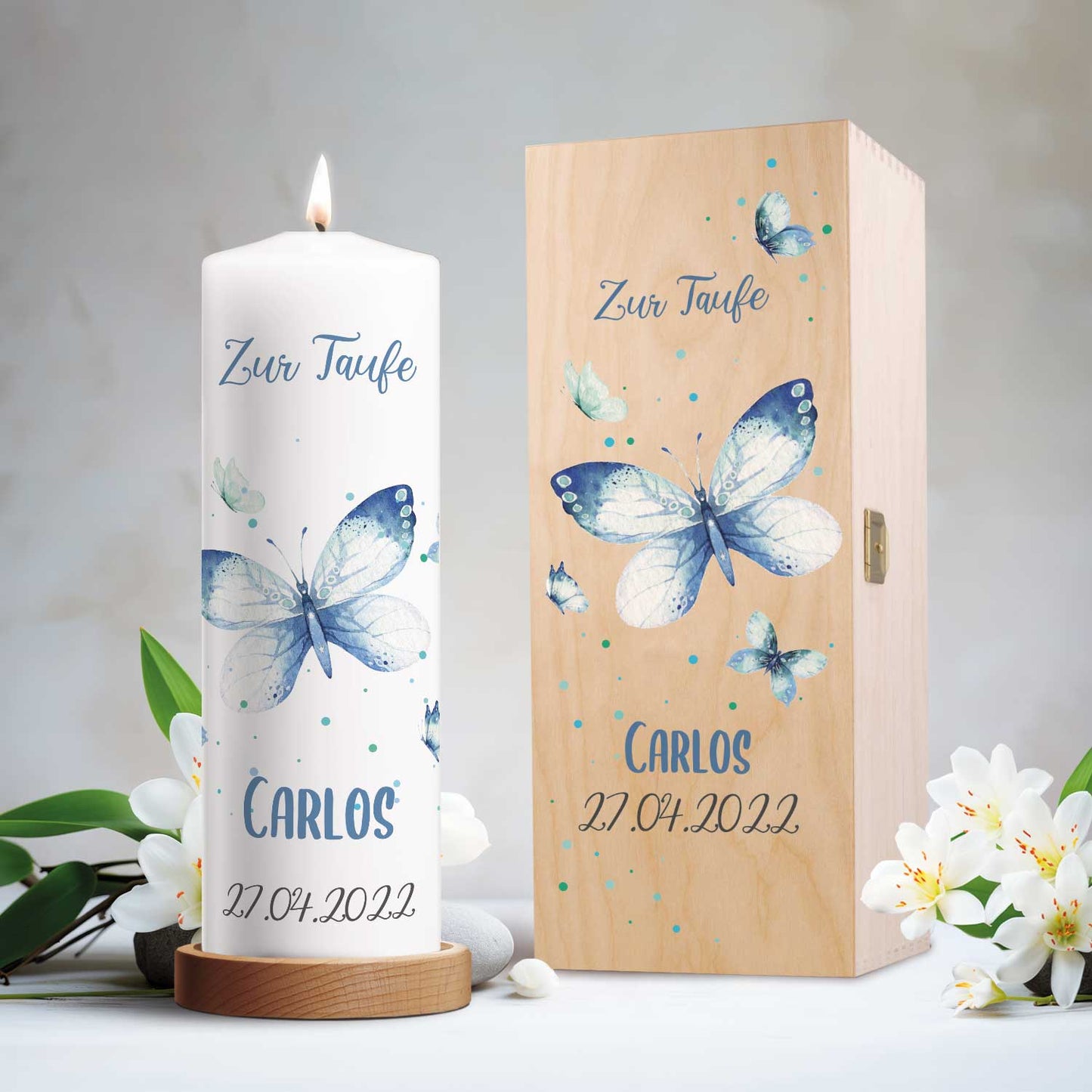 Große Kerze "Schmetterling V2" - Taufkerze mit Namen, Datum & Taufspruch