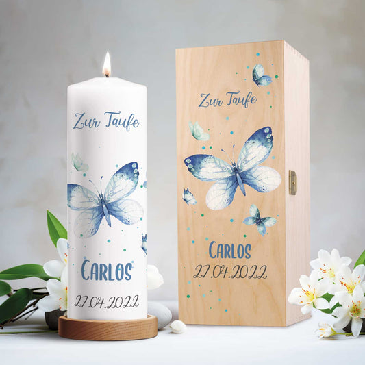 Große Kerze "Schmetterling V2" - Taufkerze mit Namen, Datum & Taufspruch