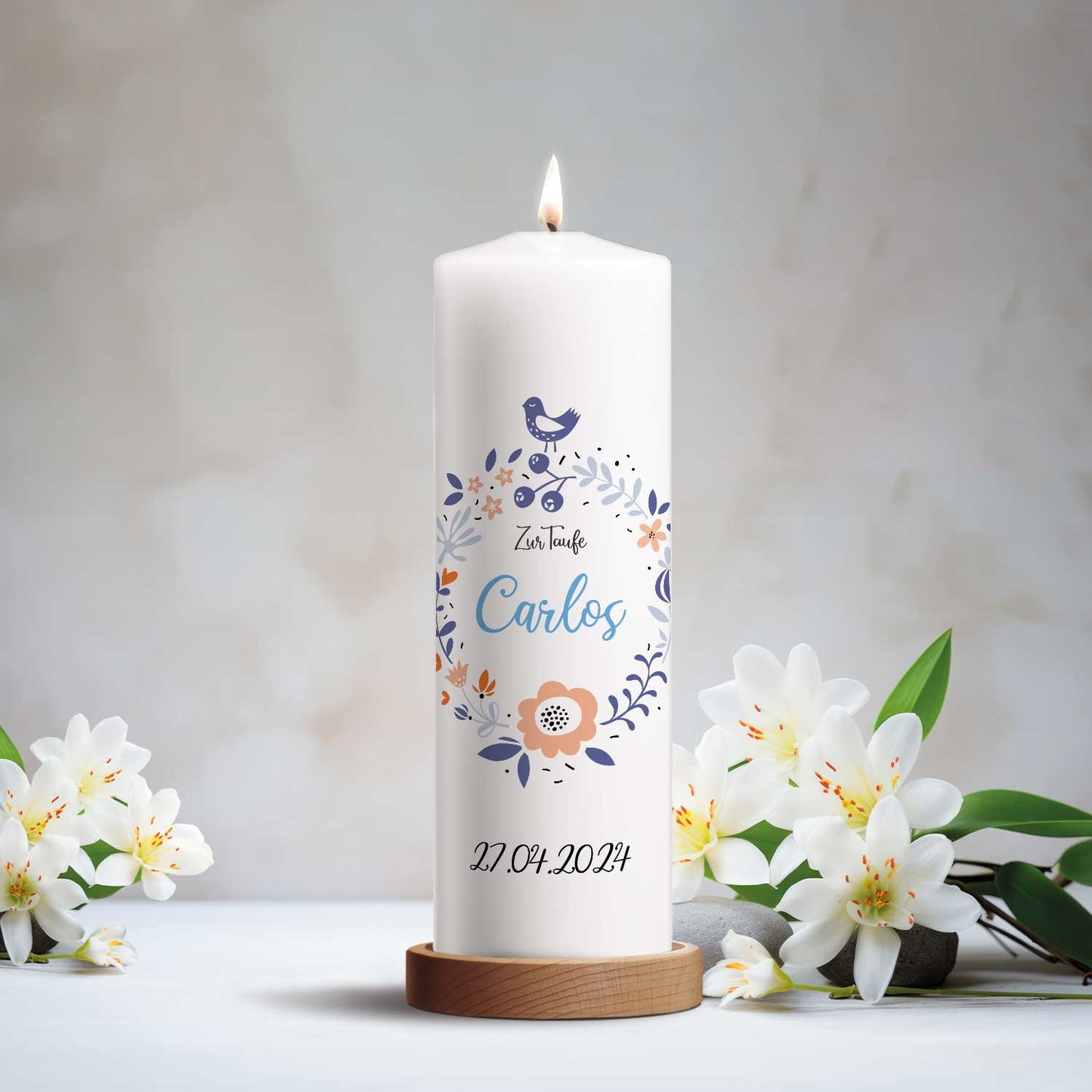 Große Kerze "Vogelkranz" - Taufkerze mit Name, Datum & Wunschtext