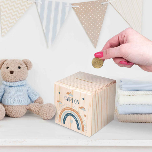 Spardose aus Holz - Regenbogen