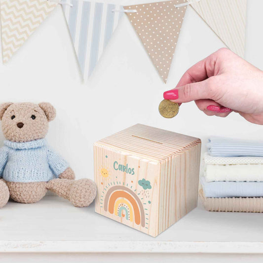 Spardose aus Holz - Regenbogen Pastell
