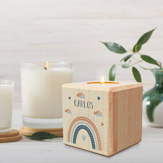 Teelichthalter aus Holz mit UV Druck - Regenbogen Design - Personalisiert mit Namen