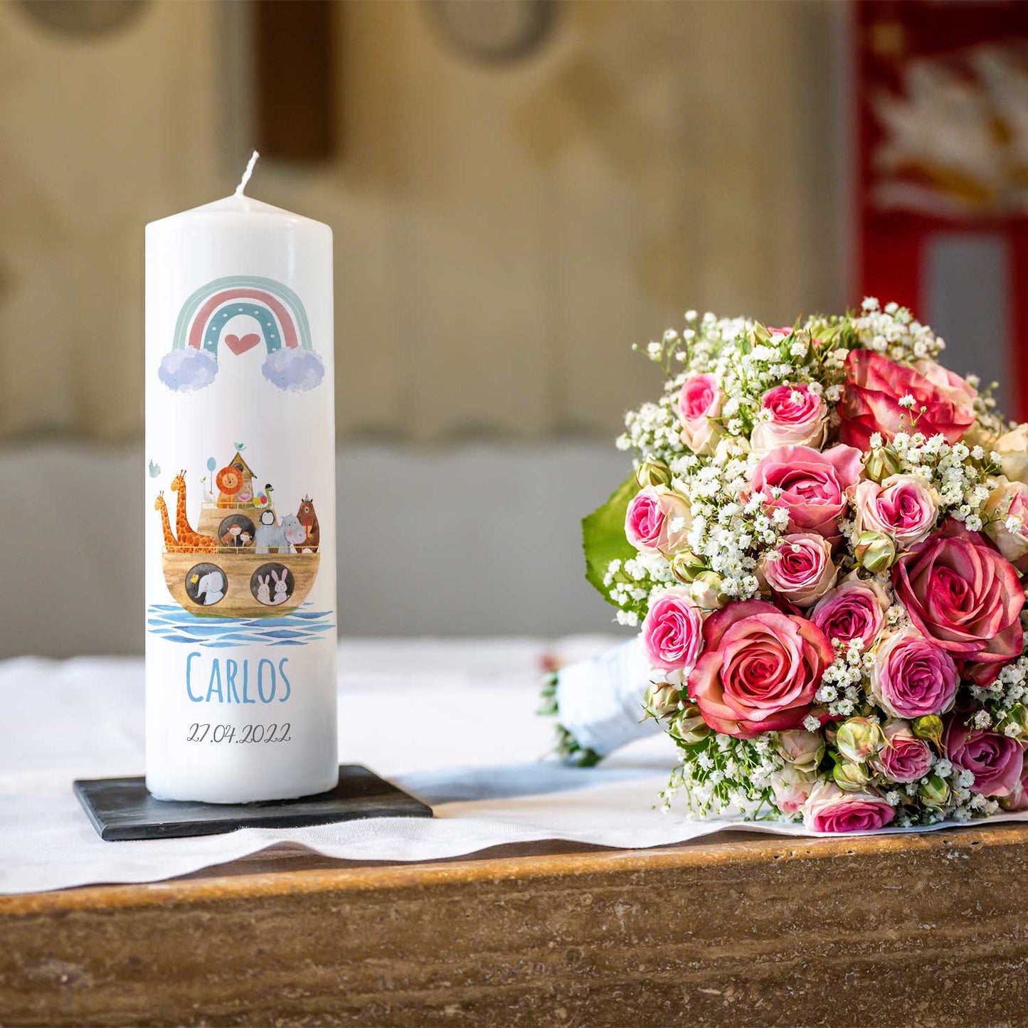 Große Kerze "Arche Regenbogen" - Taufkerze mit Namen, Datum & Wunschtext