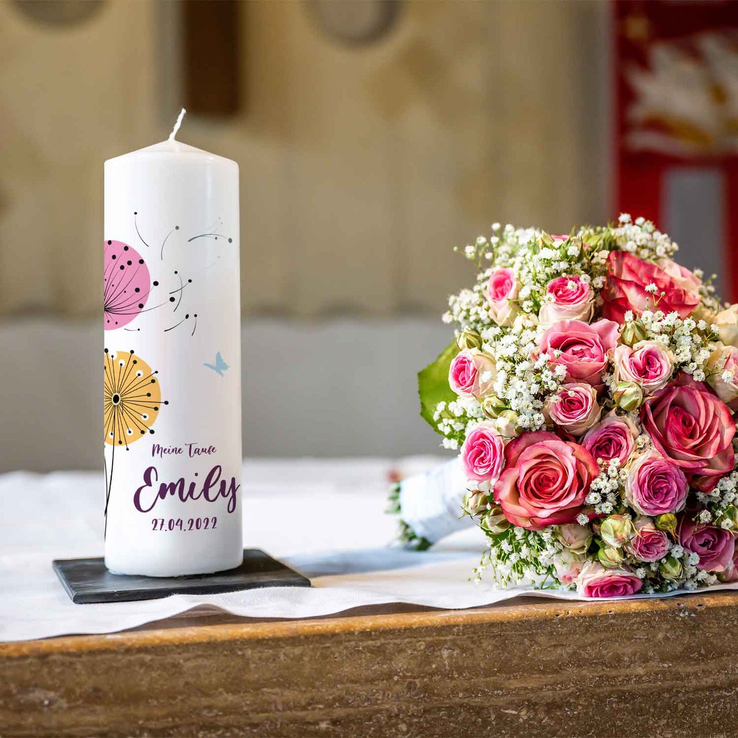 Große Kerze "Löwenzahn" - Taufkerze mit Name, Datum & Wunschtext
