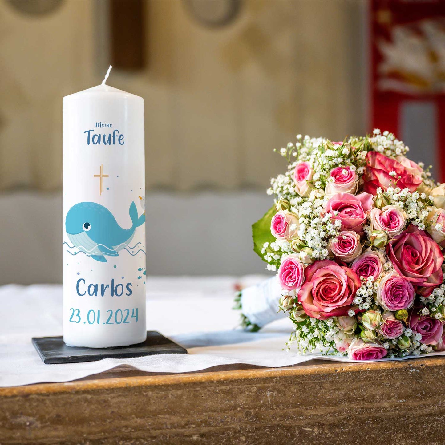 Große Kerze "Wal" - Taufkerze mit Namen, Datum & Taufspruch