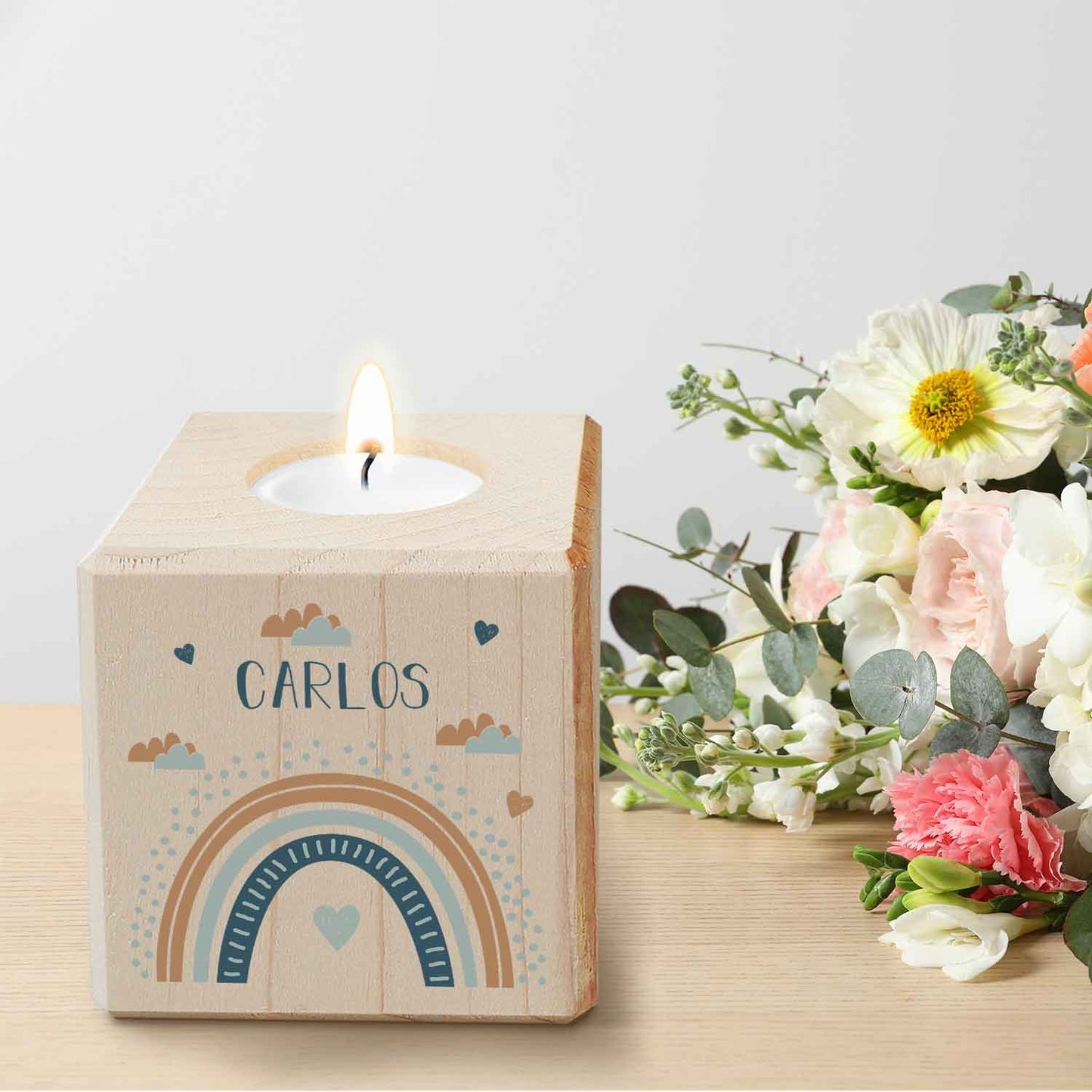 Teelichthalter aus Holz mit UV Druck - Regenbogen Design - Personalisiert mit Namen
