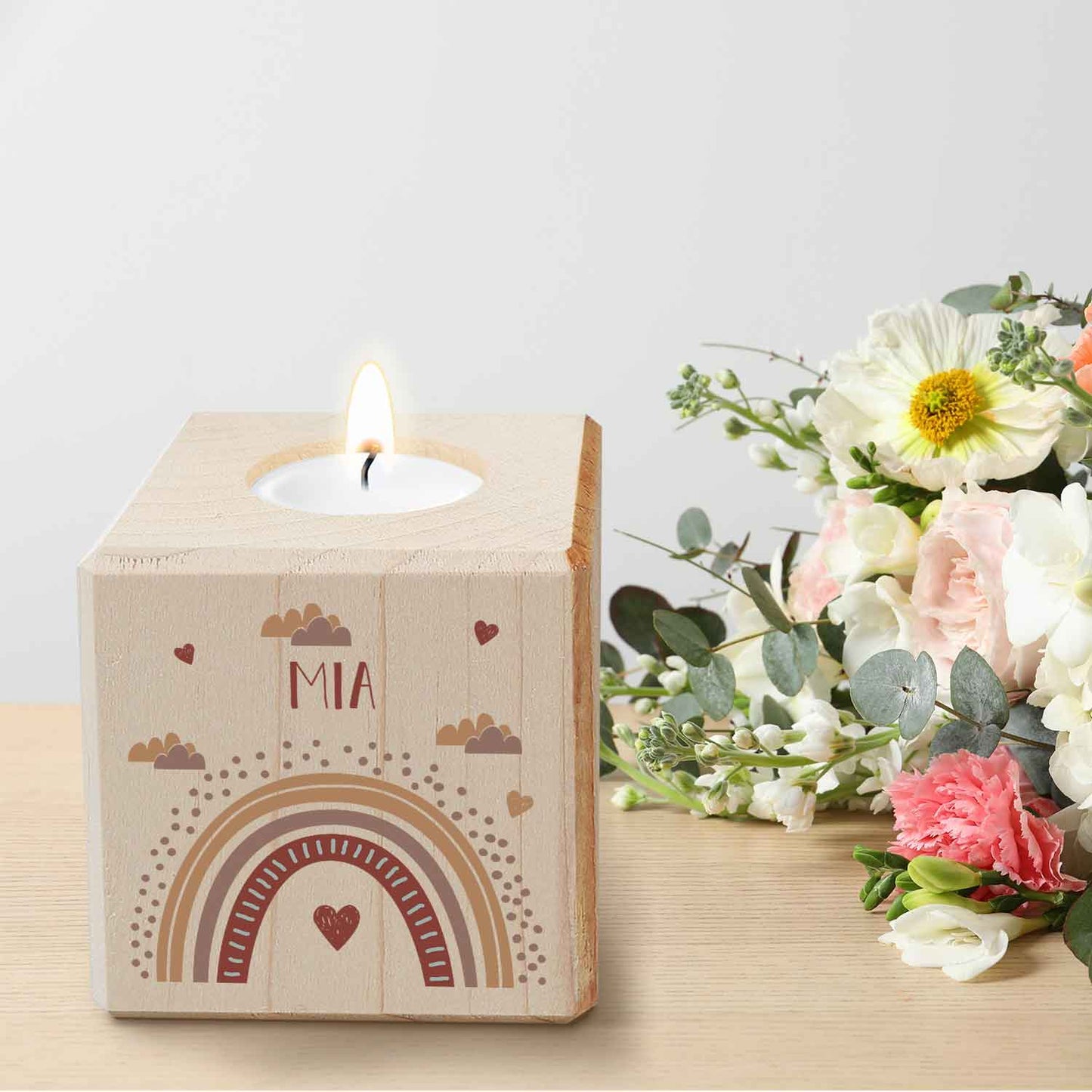 Teelichthalter aus Holz mit UV Druck - Regenbogen Design - Personalisiert mit Namen