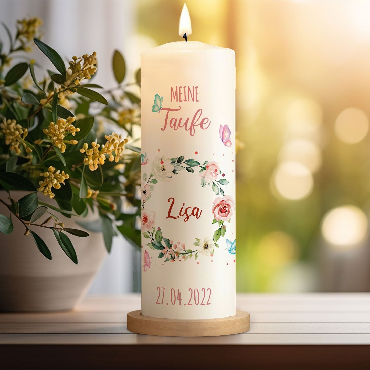 Große Kerze "Blumenkranz" - Taufkerze mit Namen & Datum