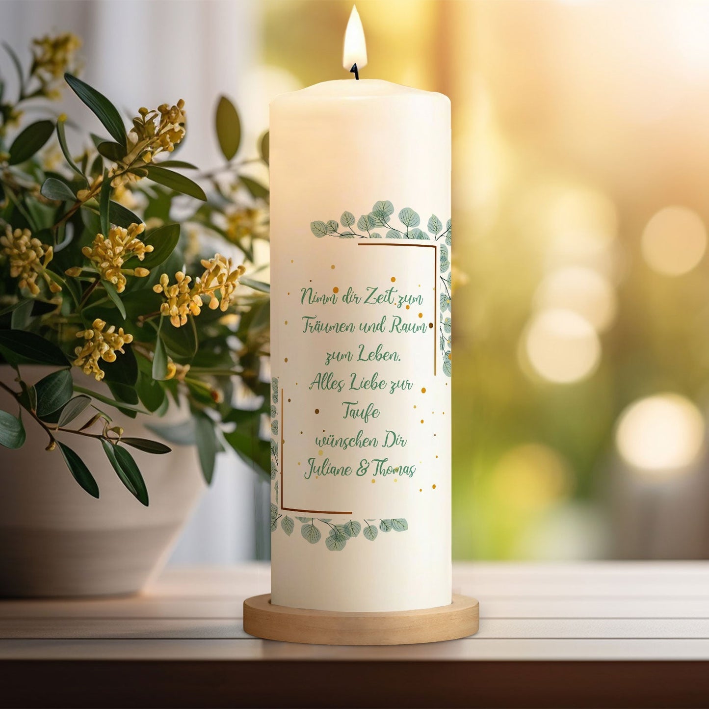 Große Kerze "Eukalyptus Kreuz" - Taufkerze mit Namen, Datum & Taufspruch