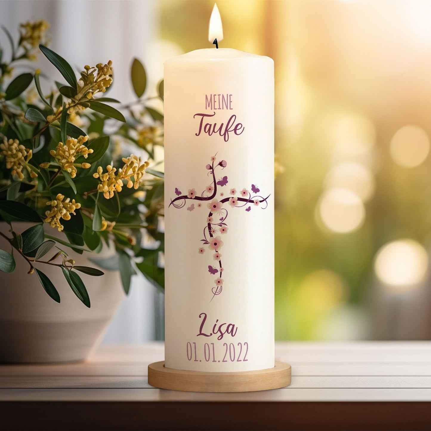 Große Kerze "Blumenkreuz" - Taufkerze mit Namen & Datum