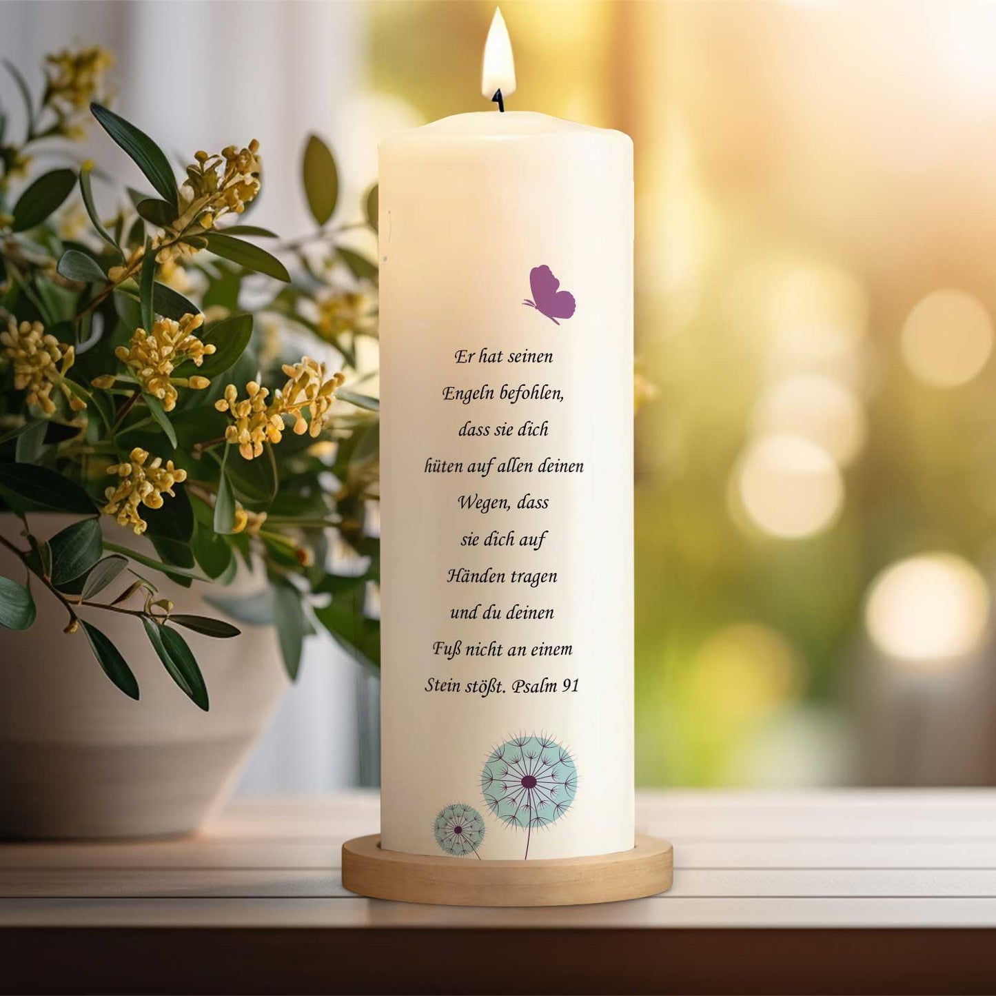 Große Kerze "Löwenzahn" - Taufkerze mit Name, Datum & Wunschtext