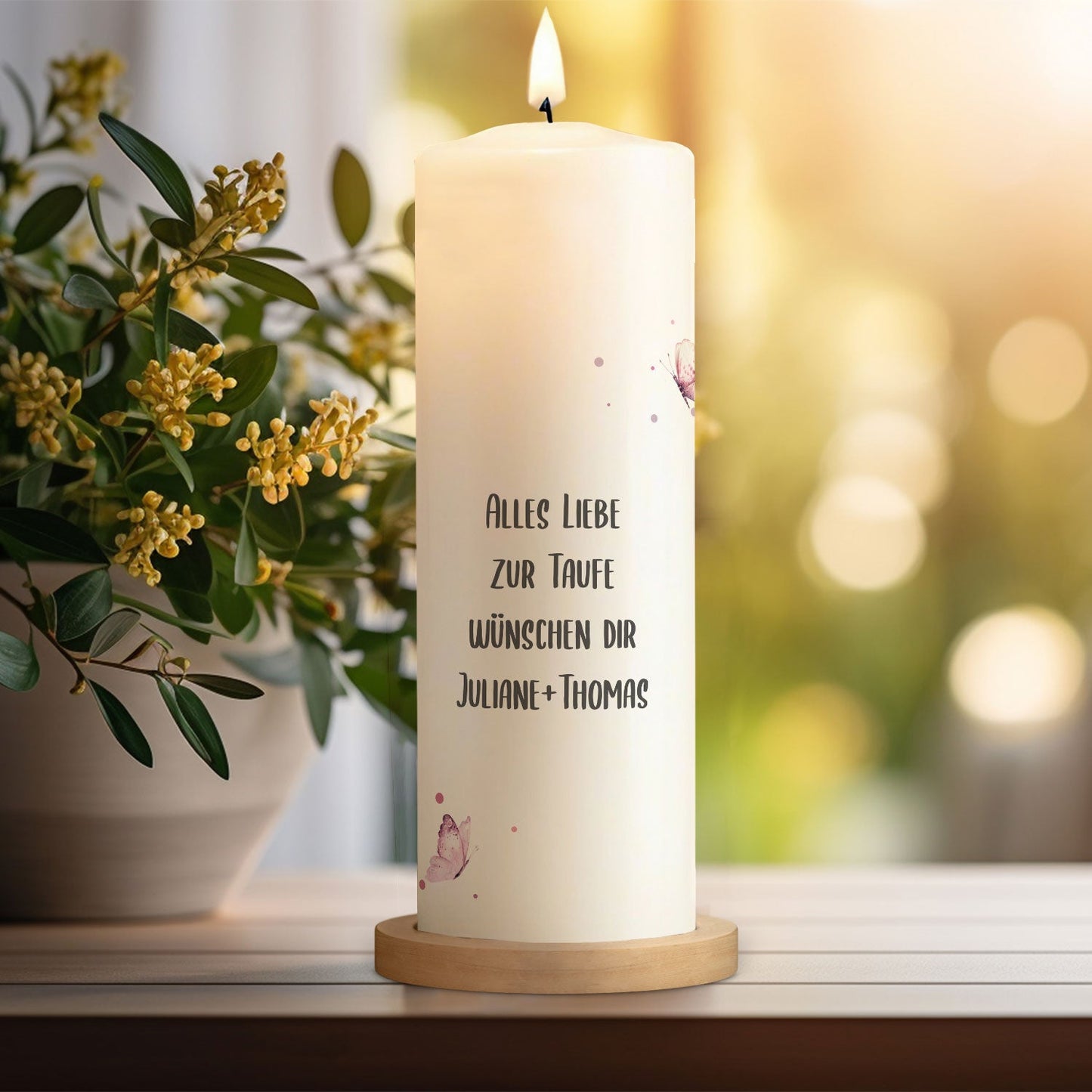 Große Kerze "Schmetterling V2" - Taufkerze mit Namen, Datum & Taufspruch