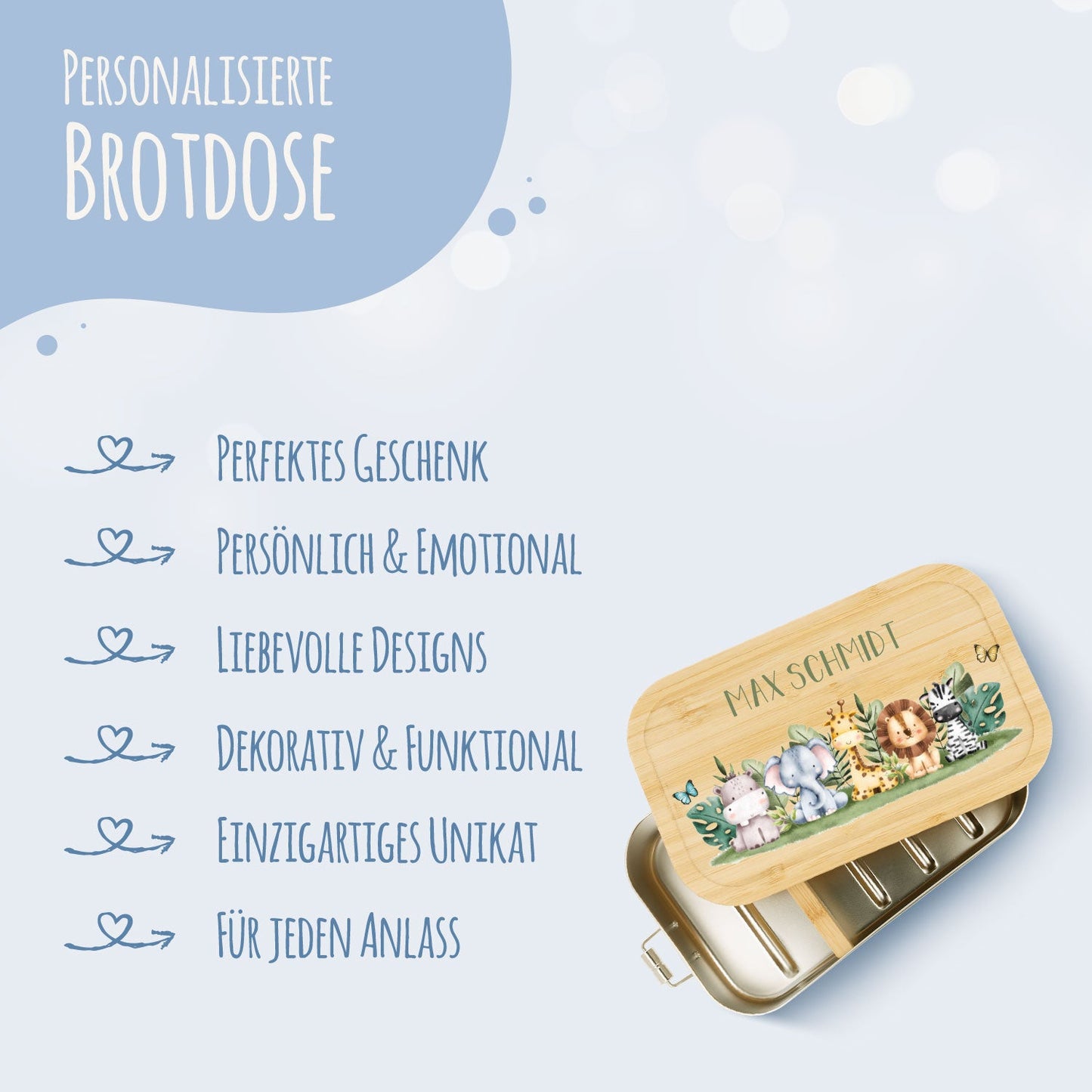 Brotdose mit Deckel für Kinder mit UV-Druck im "Tiergruppe Safari" Design