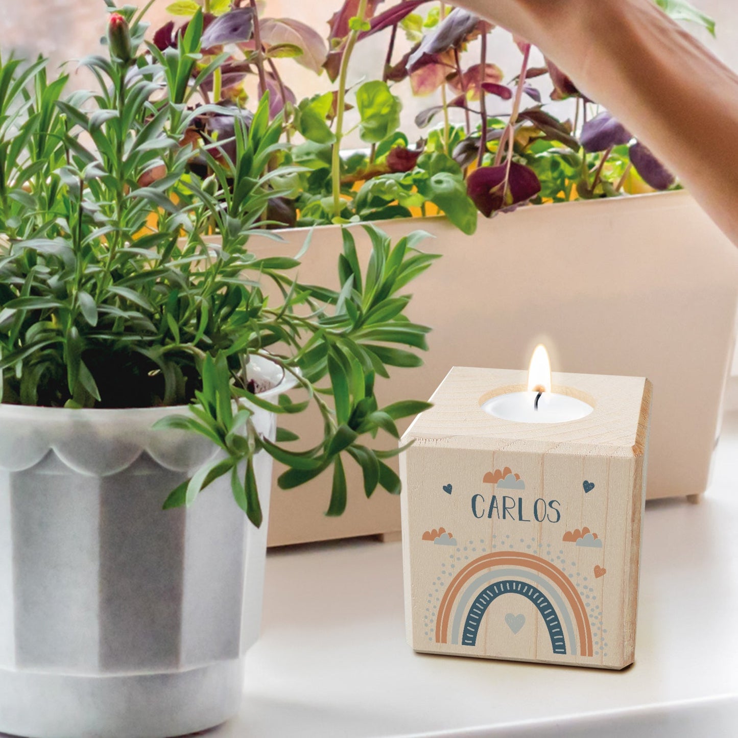 Teelichthalter aus Holz mit UV Druck - Regenbogen Design - Personalisiert mit Namen