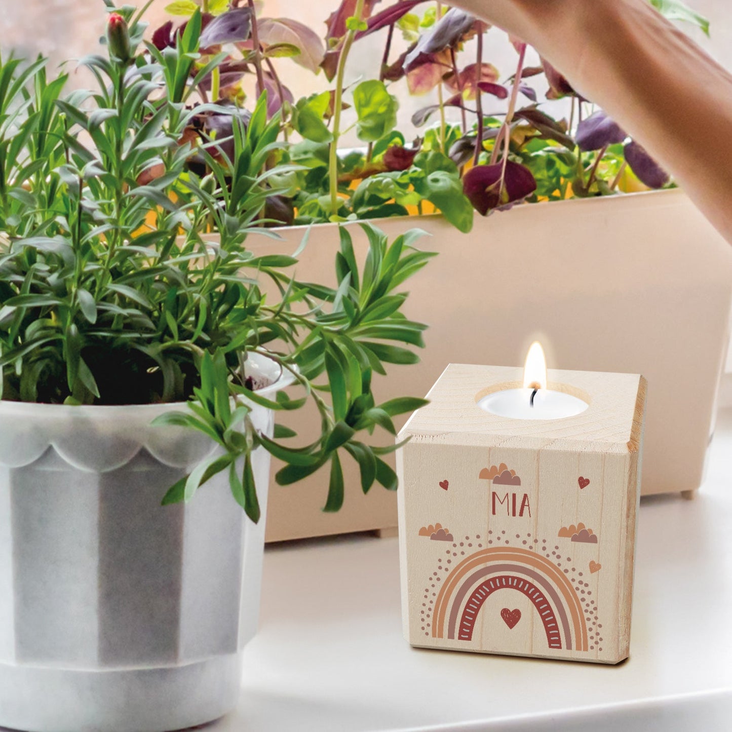Teelichthalter aus Holz mit UV Druck - Regenbogen Design - Personalisiert mit Namen