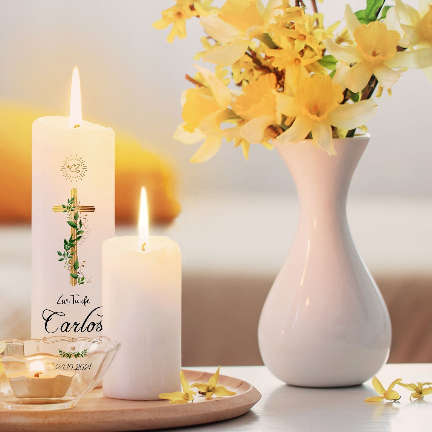 Große Kerze "Goldenes Kreuz" - Taufkerze mit Name, Datum & Wunschtext