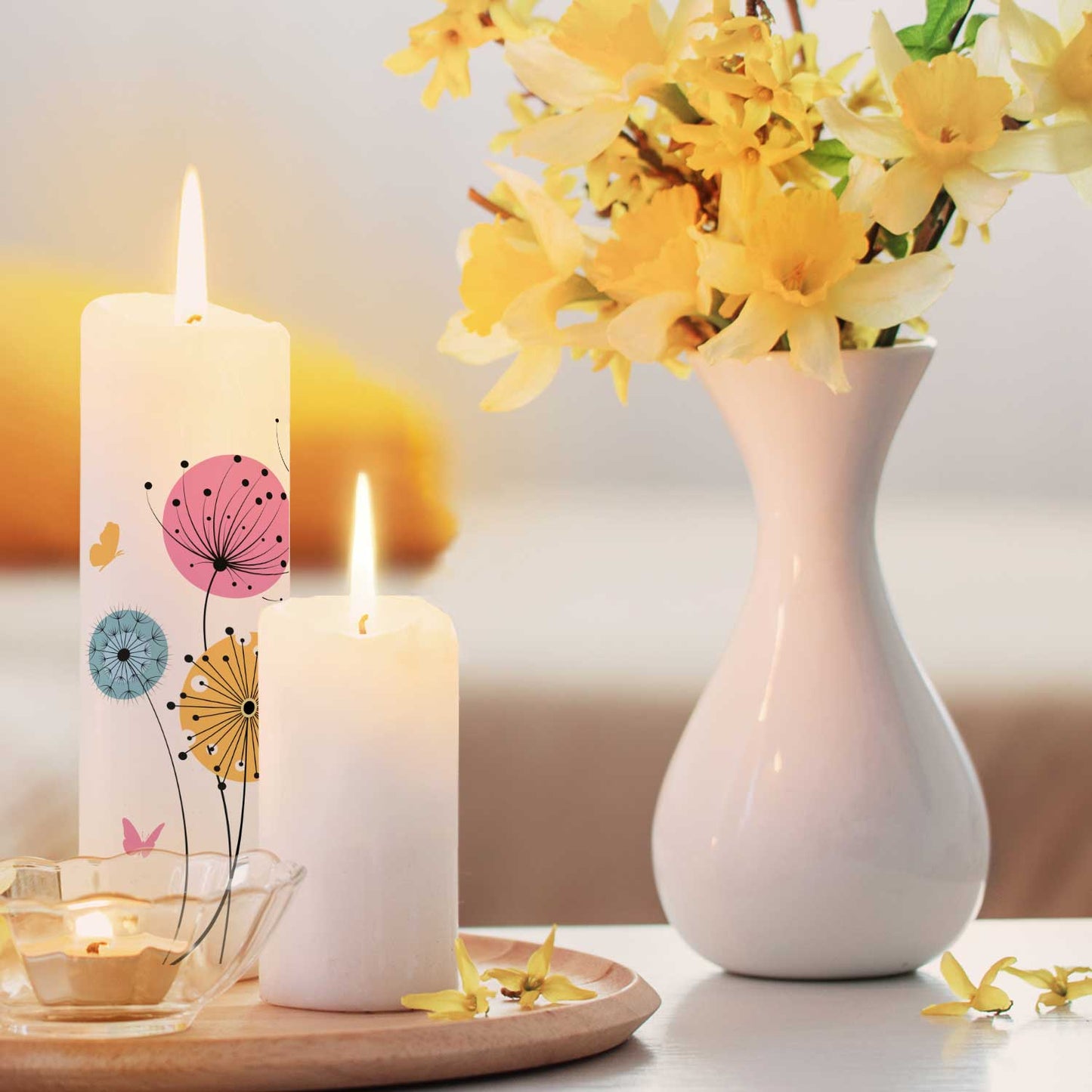 Große Kerze "Löwenzahn" - Taufkerze mit Name, Datum & Wunschtext