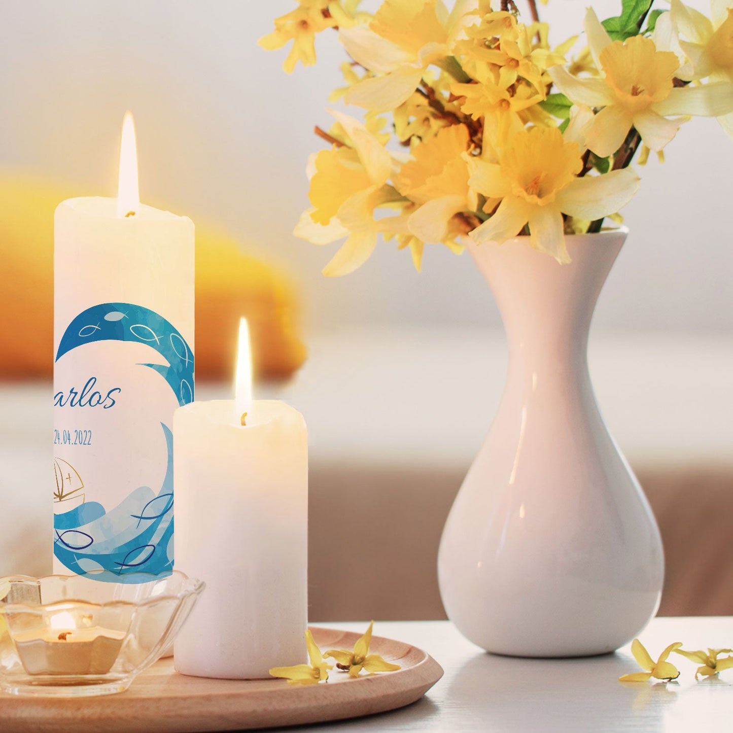 Große Kerze "Welle" - Taufkerze mit Namen, Datum & Wunschtext
